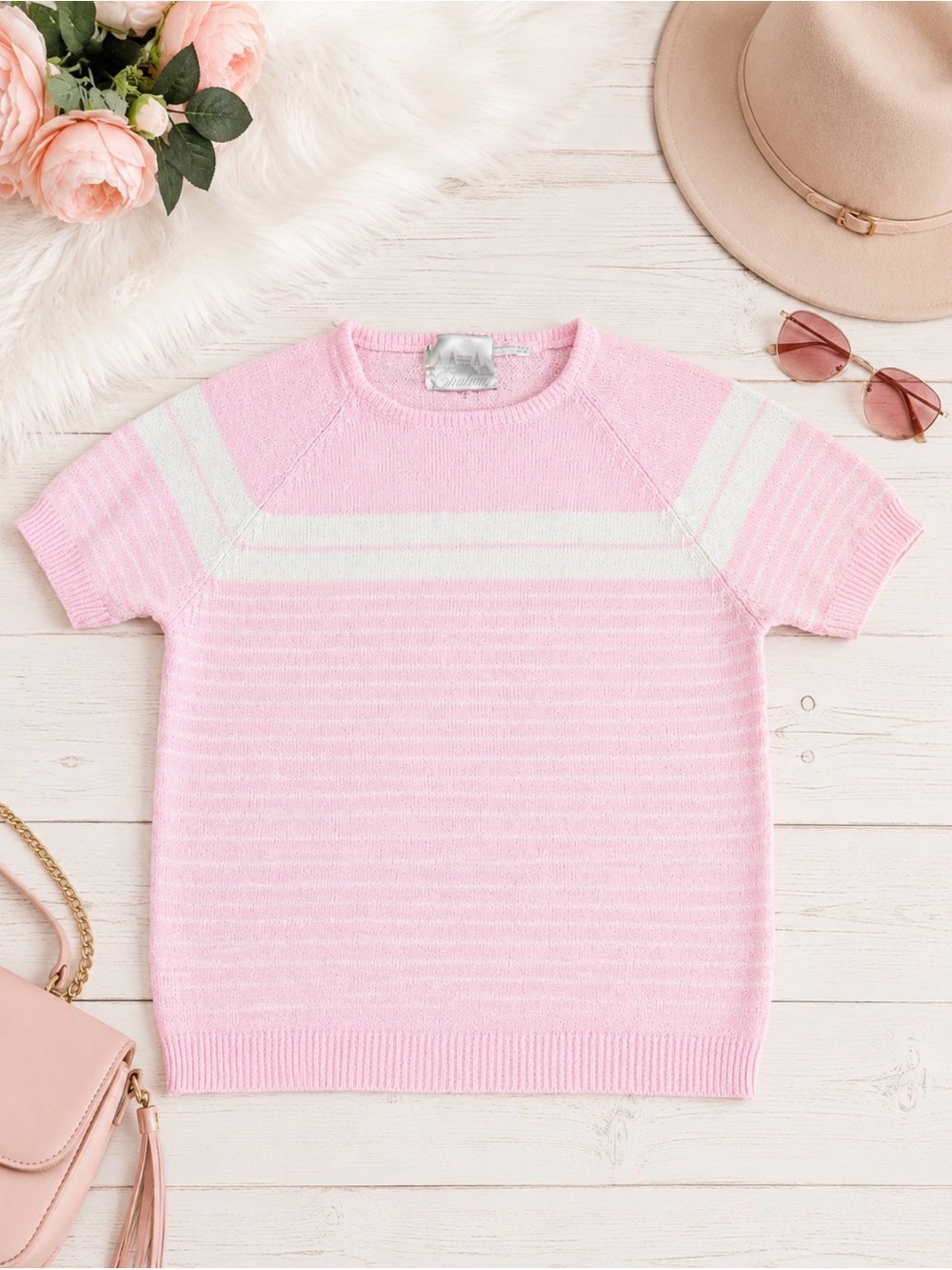 Chateau Pink & White Lightweight Short Sleeve Knit Sweater S/M